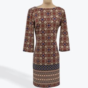 London Times Women's Brown Red Blue Pattern 3/4 Sleeve Dress Size 8‎